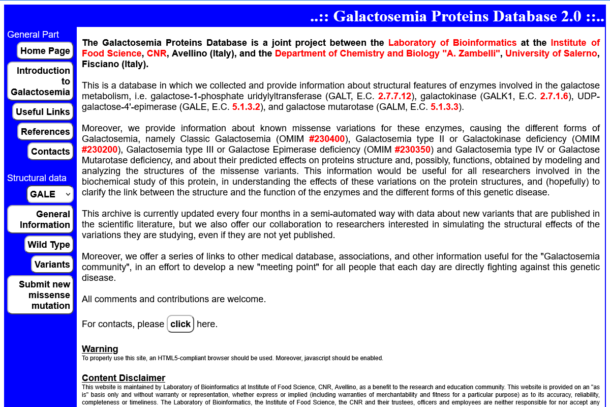 Galactosemia Proteins Database - User interface