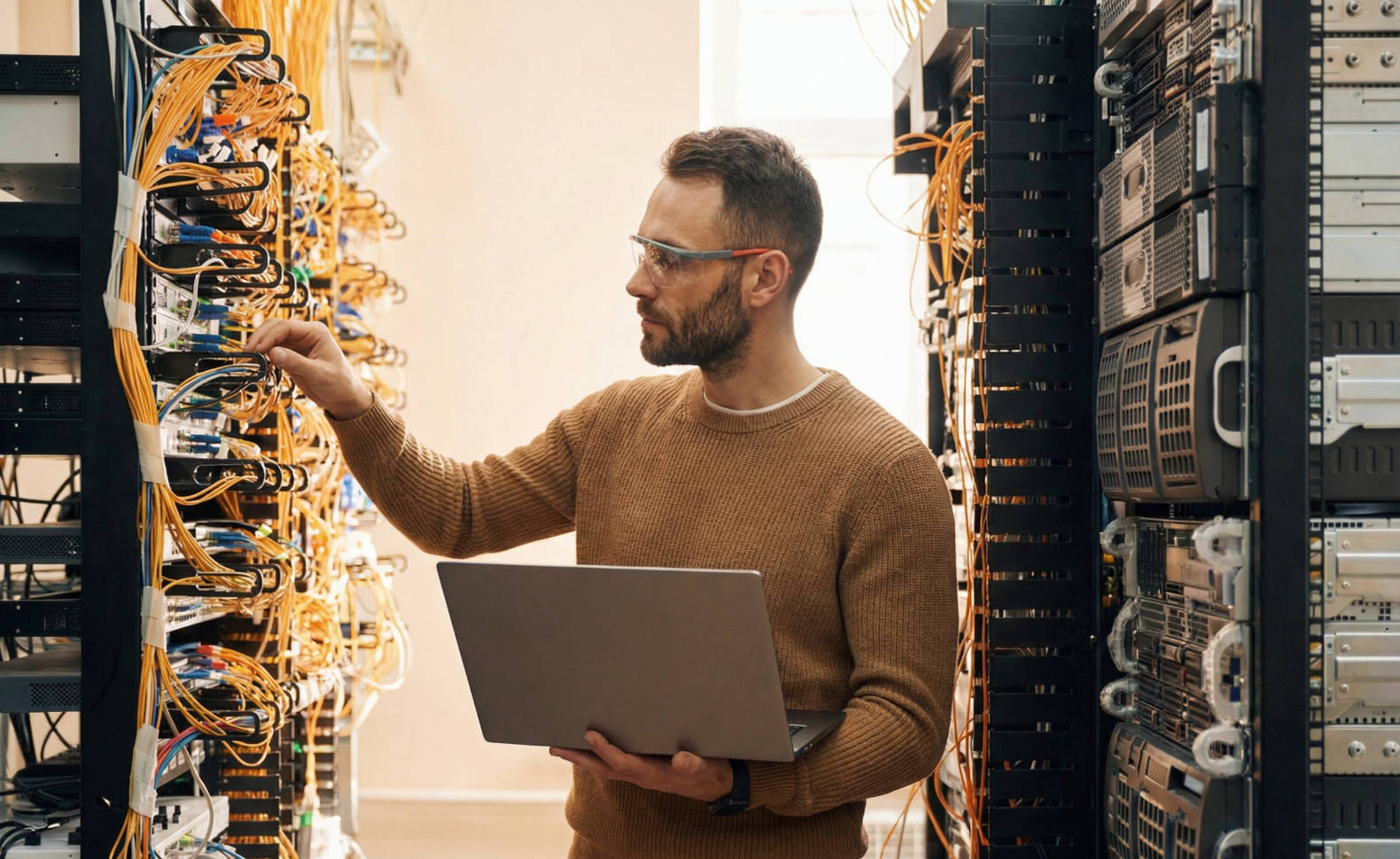 A man in a sweater holds a laptop while standing in a server room filled with racks of servers and cables