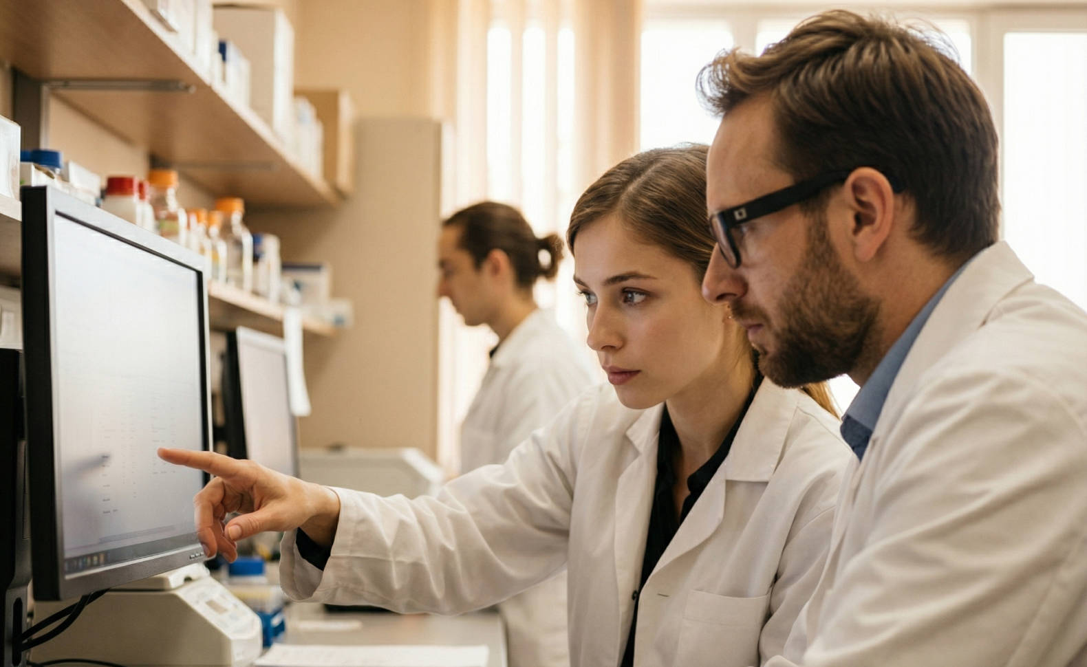 Two individuals in lab coats examining data on a computer screen in a laboratory setting